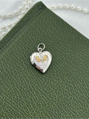 Dainty Vintage Two-Tone Sterling Silver Heart Locket with Engraved Little Angel